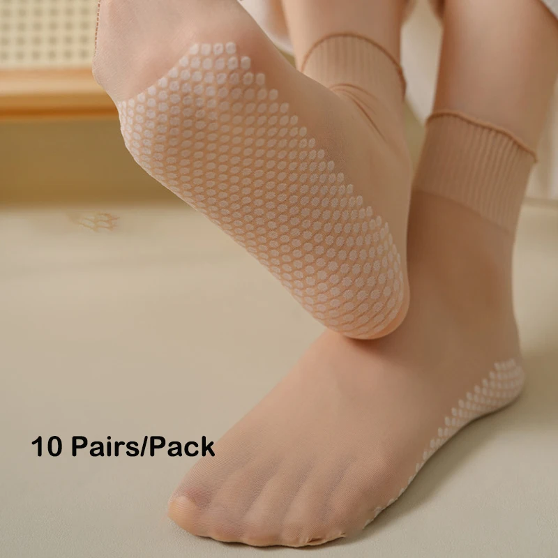 

10Pairs/Pack Ruffled Socks Women Transparent Thin Breathable Summer Nylon Short Stock Female Non-Slip Stretch Ankle Sexy Sock