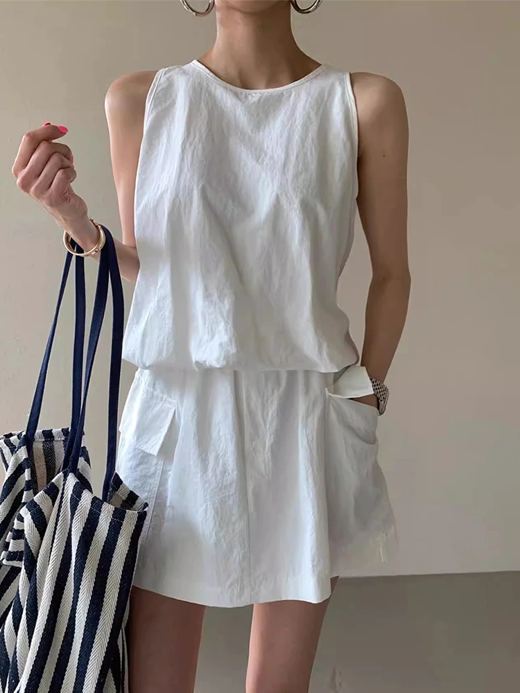 HELIAR Women Solid Color Casual 2 Piece Sets Zipper Sleeveless Vest Shirt +Elastic Waist Shorts Skirt Set Office Women Outfits - Image 4