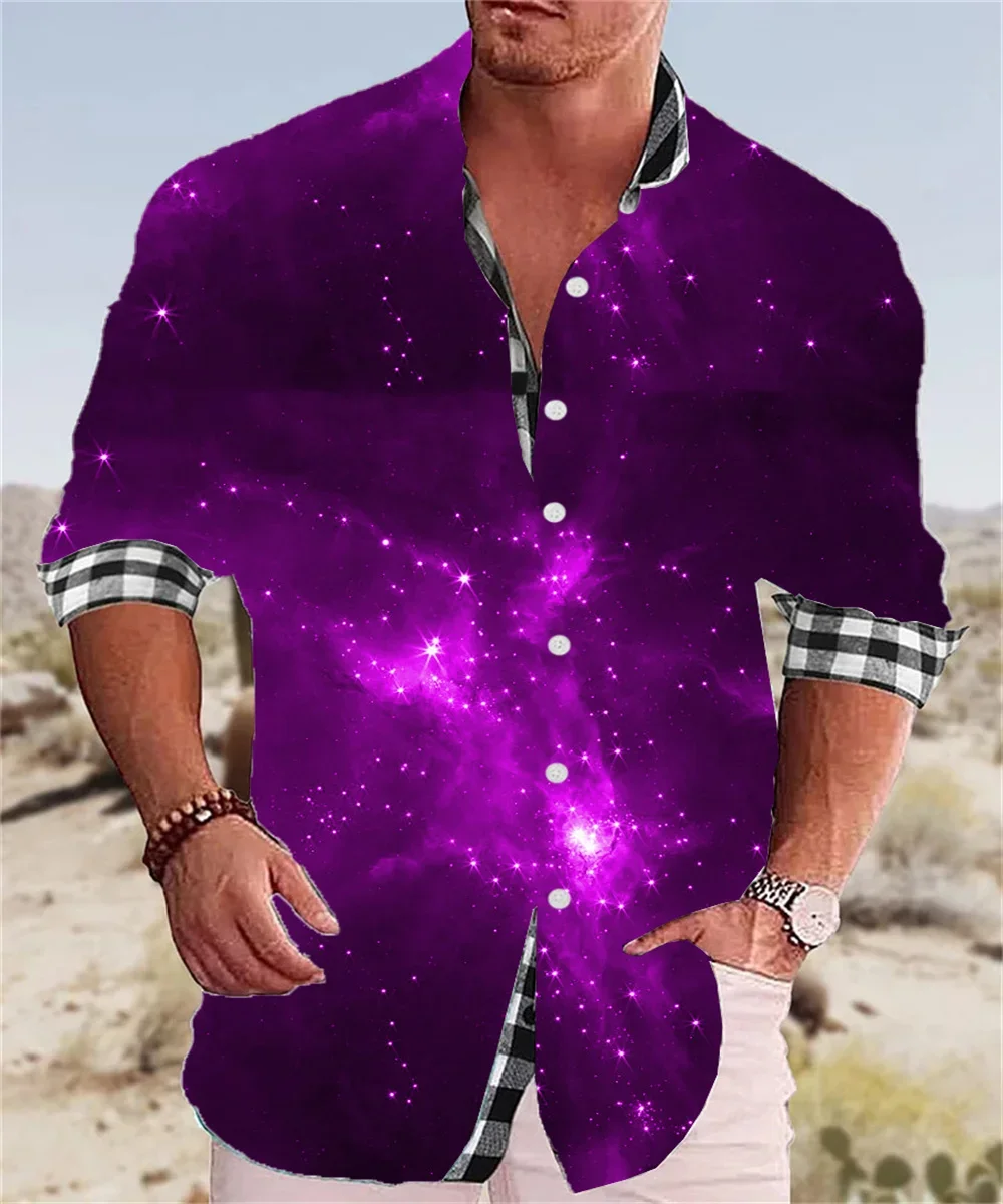 

Модная мужская рубашка звездное небо Фиолетовый Синий HD графика Повседневная стандартная трендовая Высококачественная рубашка с отложным воротником 2023