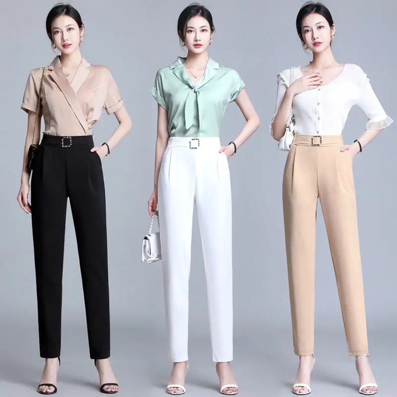 

Fashion Women Pants Korean Streetwear Stylish Trousers Solid Elastic Waist Casual 2024 New Spring Summer Women Long Pants L301