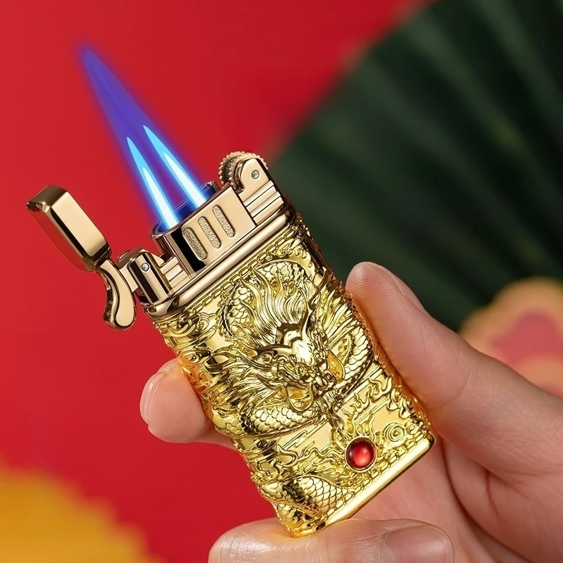 

Metal Butane Gas Grinding Wheel Ignition Lighters Double Straight Flush Blue Flame Cycle Inflation Use Cigar Lighter Men's Gift