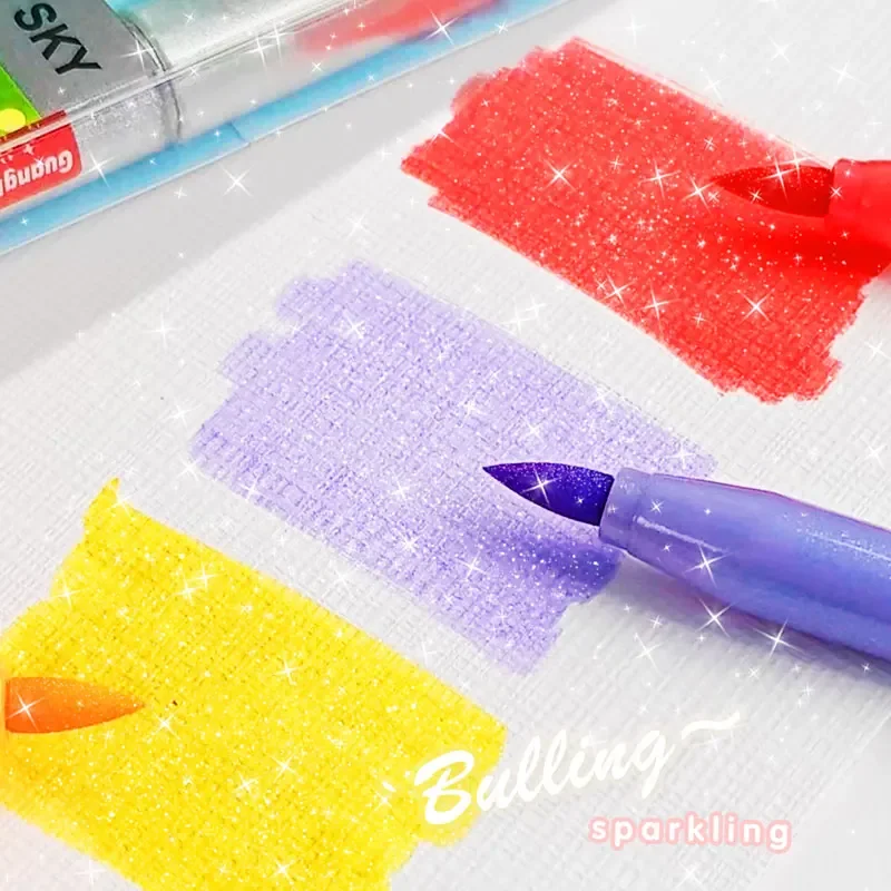 12Color/Set Brush Glitter Highlighter Pen Fine Flash Markers Painting Maker for Scrapbook Diary Journal Cute Stationery Supplies