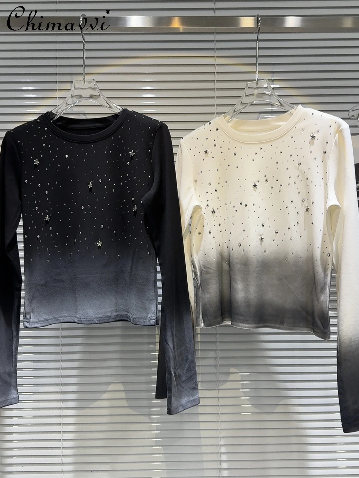 

Winter Fashion Starry Sky Pattern Gradient Undershirt Women Slim Fit Round Neck Long Sleeves Tshirts Streetwear Basic T-shirt