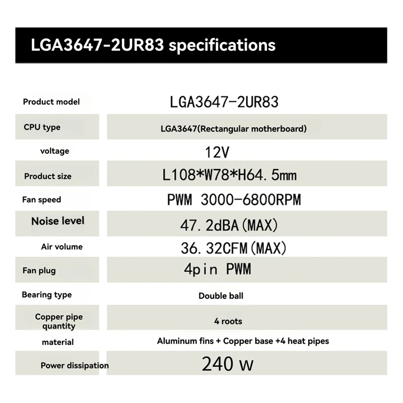 Cooling Fan LGA3647-2U-R83 240W For Lga 3647 Narrow Type Radiator 2U Heat Sink 4 Heat Pipe Side Blow