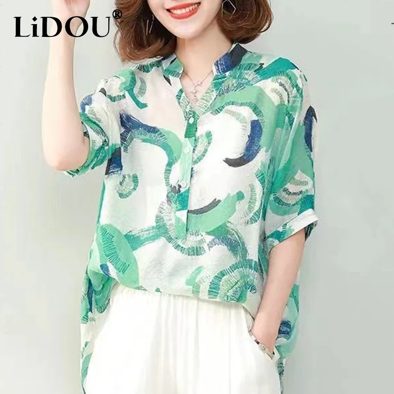 Summer Buttons Printing Loose Office Lady Pullovers Short Sleeve Popularity Wild V-neck Tees Comfortable Casual Women's Shirt t shirts tees floral short sleeve o neck t shirt tee in blue size m