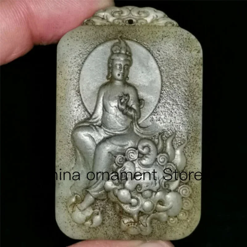 

Chinese Hetian Old Red Jade Pendant Necklace Hand Carved Statue Bodhisattva