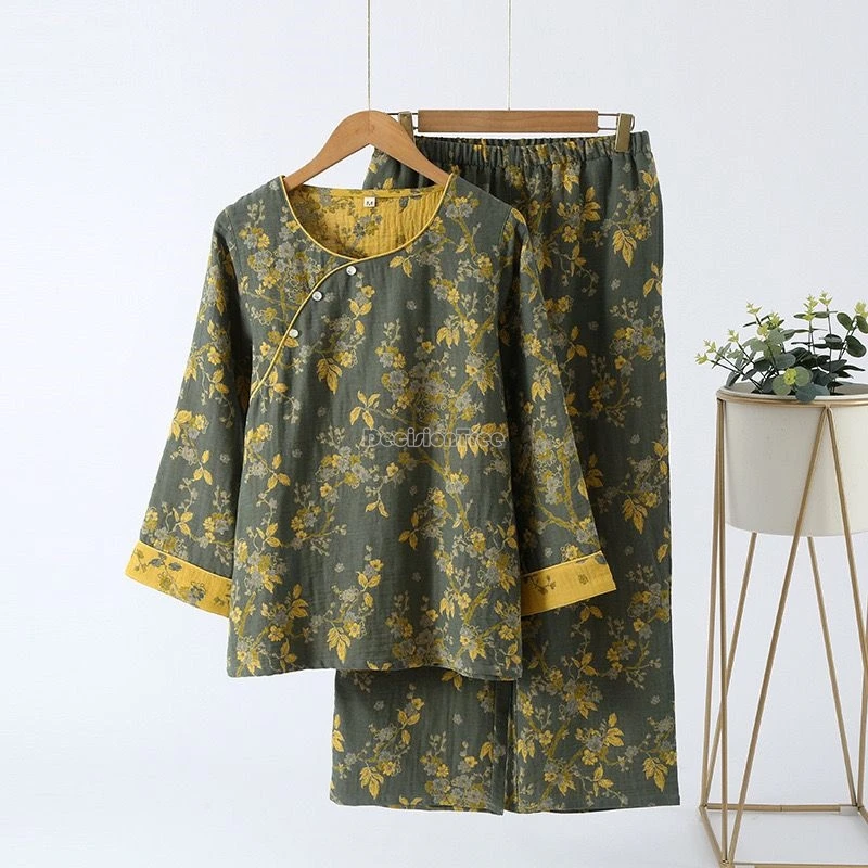 pure cotton yarn-dyed jacquard double layer yarn chinese ancient style pajamas printed women daily home wear w459