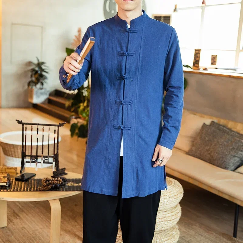 Streetwear Thin Tang Suit Coat Men Mens Linen Jacket Black Long Coat Male Hanfu Chinese Style Robe Harujuku Wind Breaker