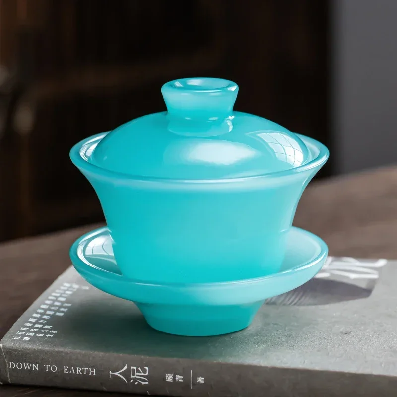 

Tianqing Jade Porcelain Sancai Gaiwan Large Tea Bowl Chinese Kungfu Tea Set Glass Azure Stone Tea Tureen Premium