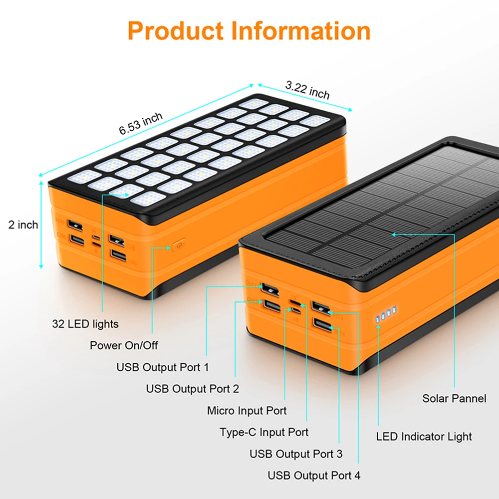 Solar Power Bank 50000mAh, Portable Solar Phone Charger with Flashlight, 4  Output Ports, 2 Input Ports, Solar Battery Bank Compatible with iPhone for