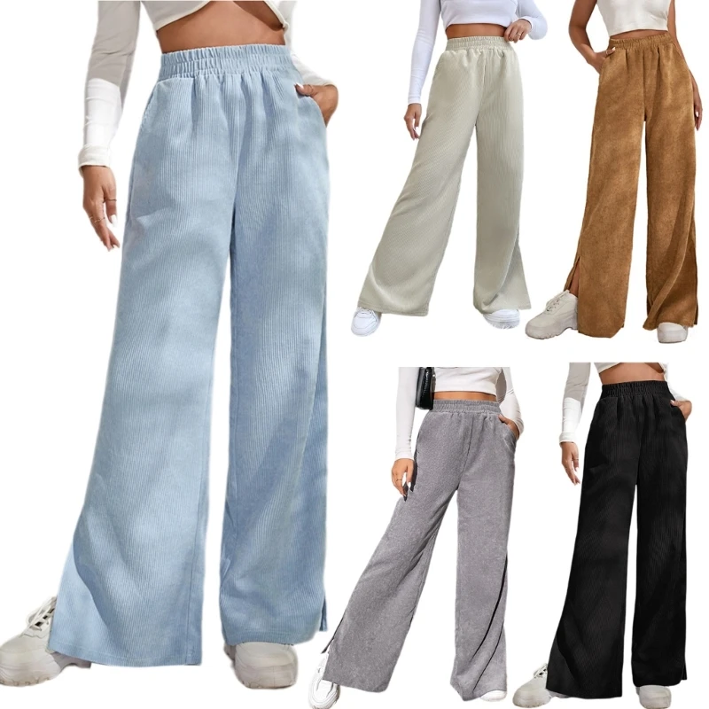 

Women's Casual High Waist Straight Leg Corduroy Pants with Slant Pockets Side Slit Wide Leg Pants Trouser