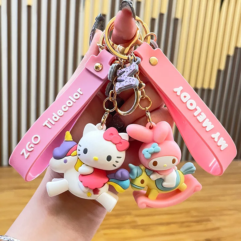 

Sanrio Kawaii Anime Figure Hello Kitty Kuromi My Melody Horse Riding Series Keychain Cute Fashion Bag Decor Toys for Girls