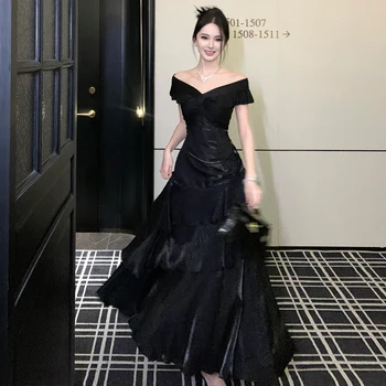 Elegant Evening Party Ruffles Mermaid Dresses Women Summer V Neck Short Sleeve Slim Black Dress Holiday Beach Birthday Dress 1