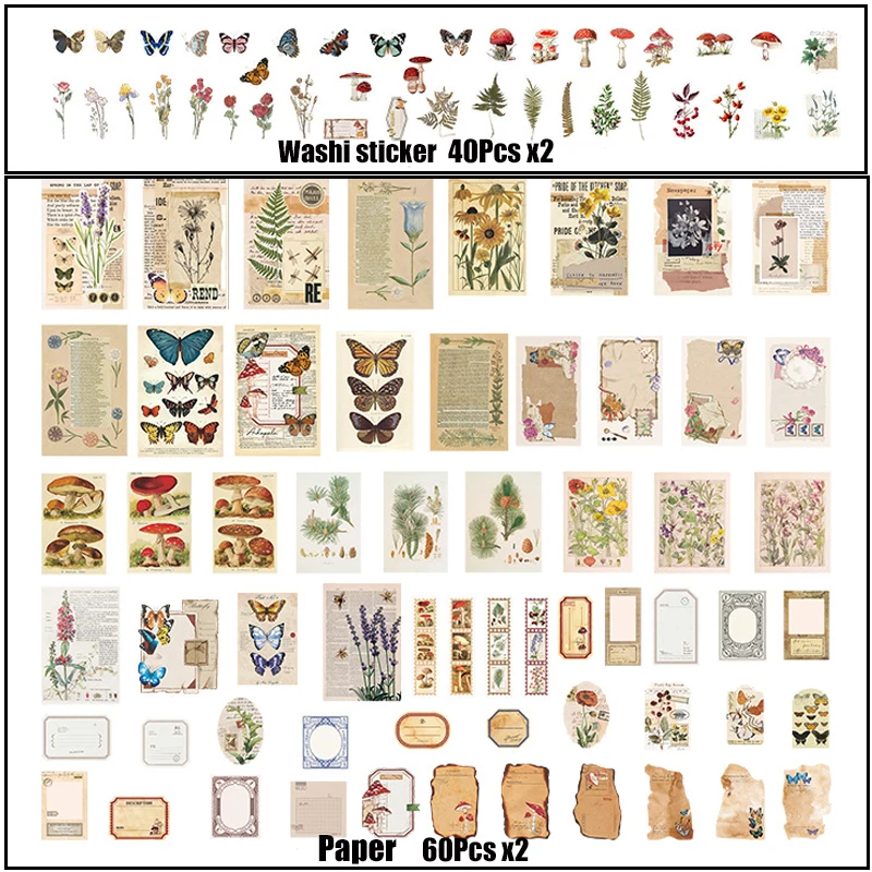 200Pcs/Set Vintage Journaling Scrapbooking Paper Aesthetic Scrapbook Washi Stickers Paper for Journal Supplies DIY Art Craft
