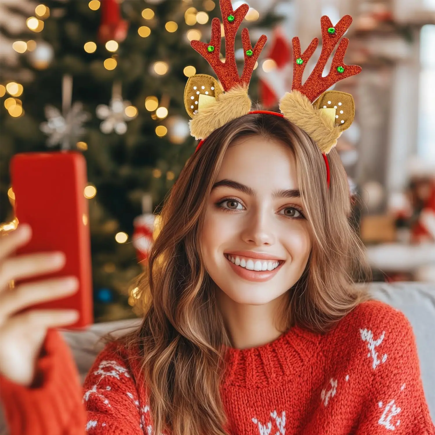 1PC Christmas Reindeer Antlers Headband Glittery With Faux Fur Ears, Festive Holiday Party Hair Accessory For Women & Girls