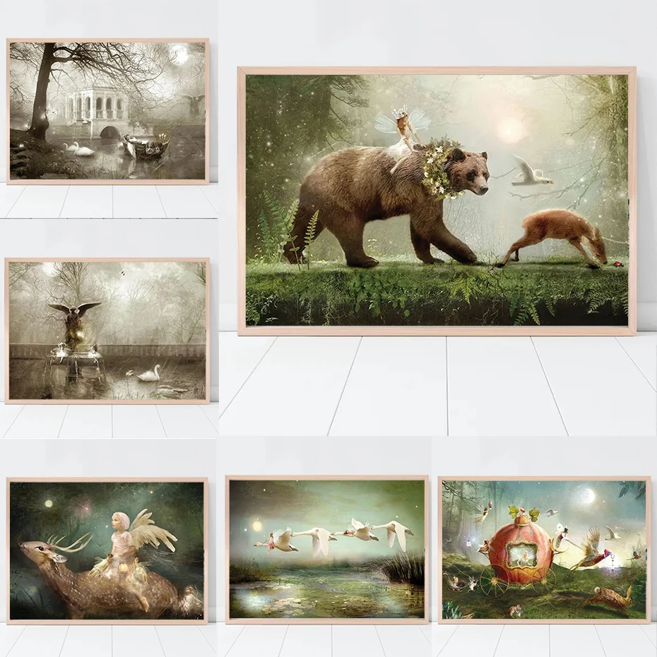 

Fairy Tale World Canvas Painting Kids Room, Poster and Print, Nordic on Wall Art, Animal Angel, Child, Living Room, Home Decor