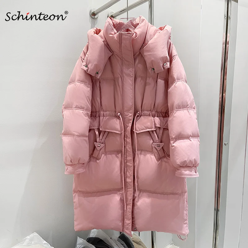 Schinteon Women White Duck Down Long Jacket Autumn Winter Casual Over Size Outwear Drawstring with Hood Korean Style Coat 2024