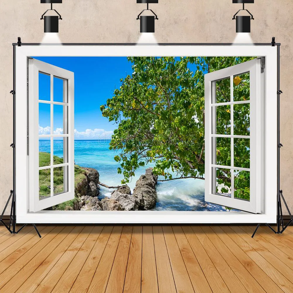 

SHUOZHIKE Art Fabric Scenery Outside The Window Photography Backgrounds Props Seaside Tree Landscape Photo Backdrops CH-03