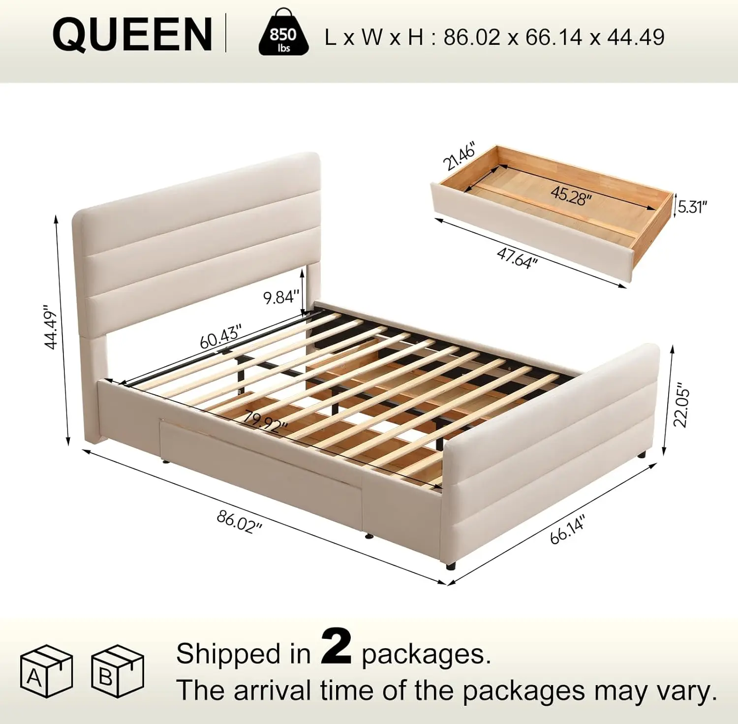 Queen Size Upholstered Platform Bed with Tall Headboard and Footboard, 2 Side Storage Drawers, Modern Beige Fabric Bed Frame