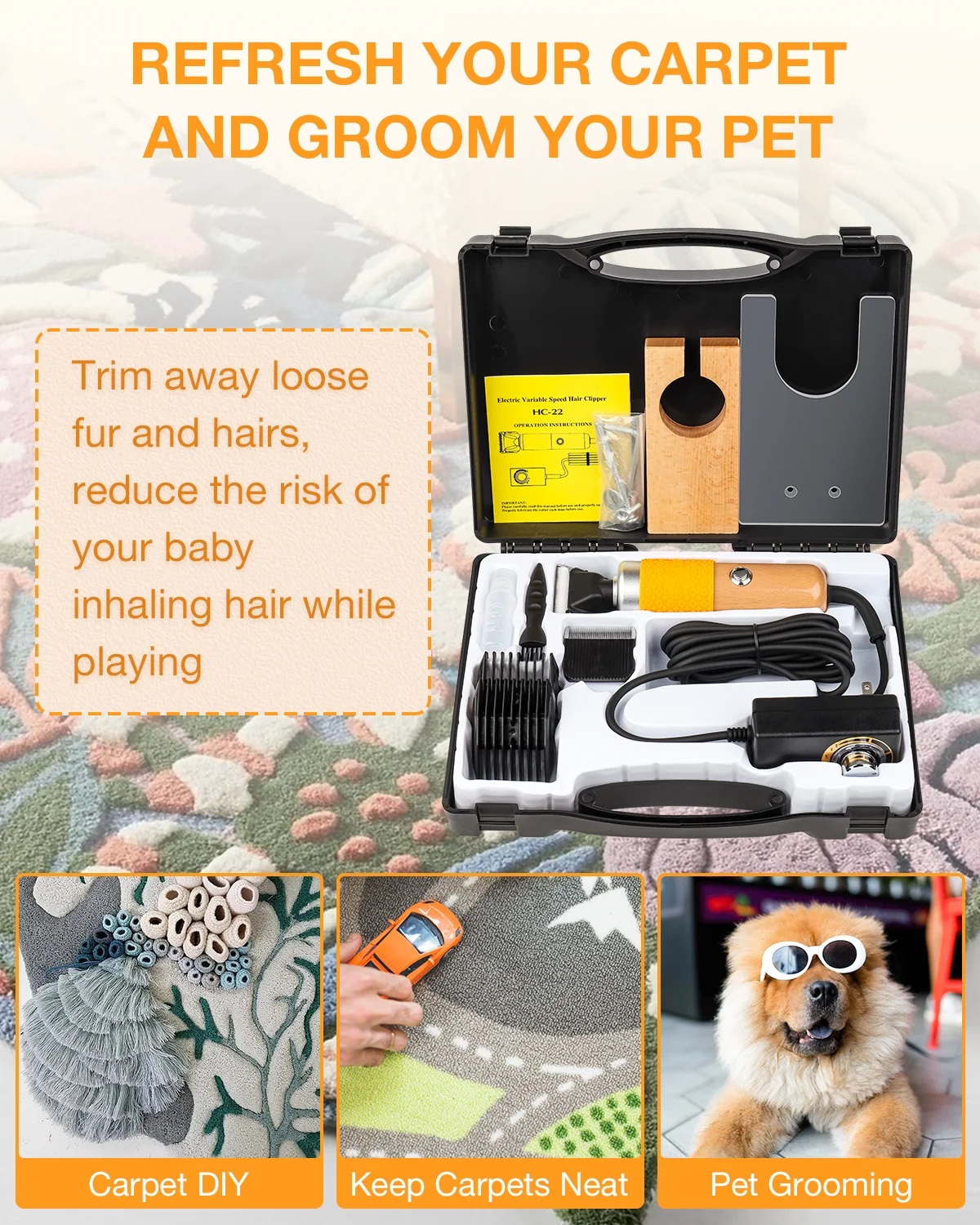 Pet Clipper Dog Hair Trimmer Pet Hair Trimmer Dog Clipper Carpet Trimmer Low Noise Electric Carpet Trimmer Tufting Clipper 200W High Power Professional Home Pet Hair Clipper Set DIY Trimming Tools