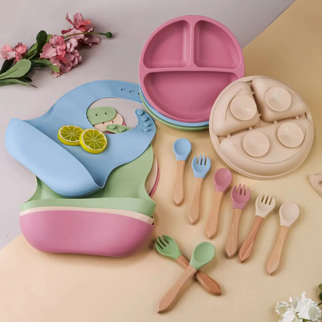 4PCS Baby Soft Silicone Dininer Plate Solid Cute Cartoon Children Dishes Suction Toddle Training Tableware Kids Feeding Bowls 4