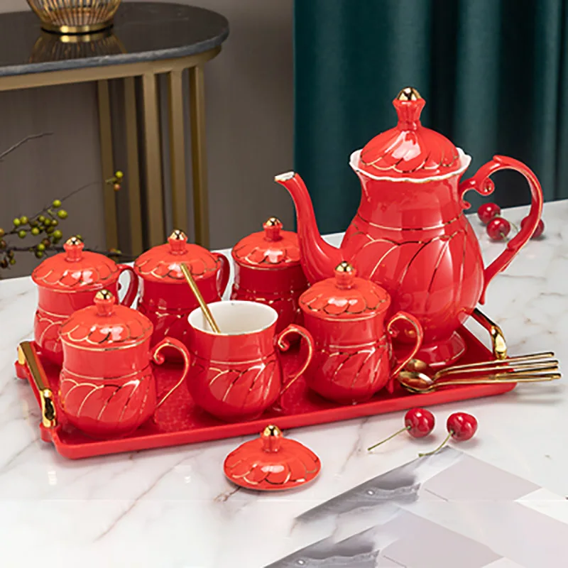 Chinese Porcelain Pot and Cup Set, Coffee Mugs for Home, Household, Office, Traditional Red, Wedding Souvenir Gifts