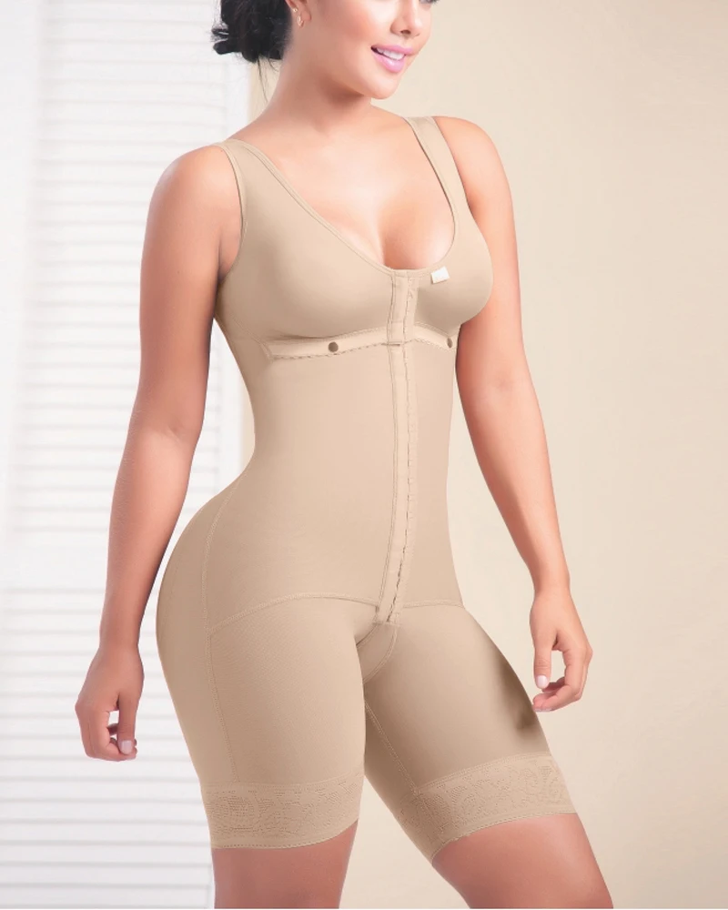 Fajas Colombiana Short Sleeveless Mid Back Shaping Bodysuit Bra Eye N Hook Shapewear Tummy Control Post Op Fajas For Women