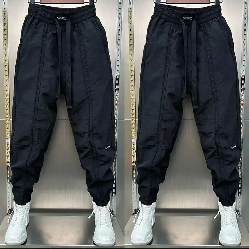 Spring Summer New Solid Color Fashion Elastic Waist Ankle Length Pants Man High Street Pockets Drawstring Patchwork Trousers