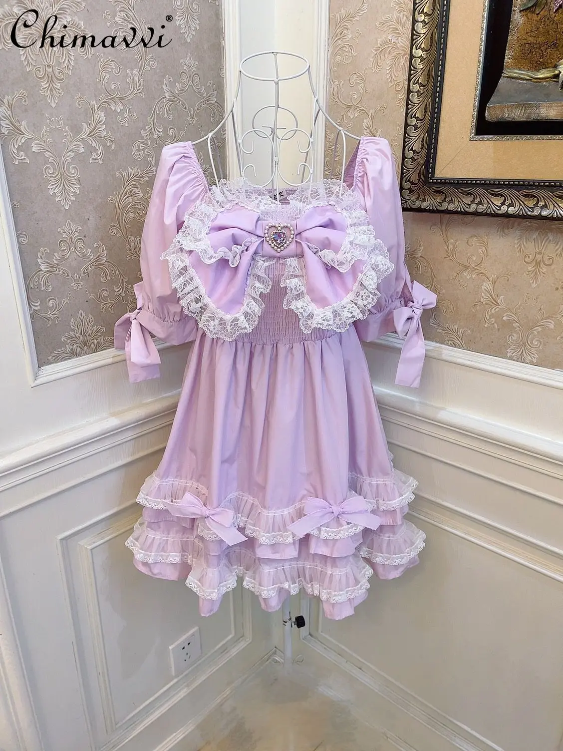 Lolita Dream Princess Bow Love Diamond Puffy Cake Dress Summer New Fashion Lace Stringy Selvedge Slimming Puff Sleeve Dress