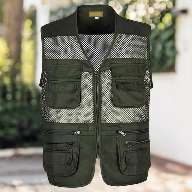 Multi Pockets Jacket Lightweight Mesh Outdoor Sports Vest for Summer Zipper Closure Waistcoat for Work Wear Camping Fishing Men
