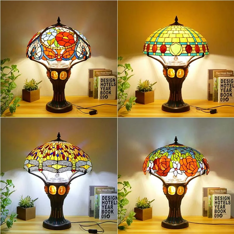 

Tiffany Glass Retro Living Room Hotel Bar Study Restaurant Decorative Table Lamp French Dragonfly Desk Lamp for Bedroom