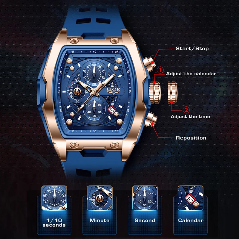 LIGE Quartz Watches For Men Fashion Military Sports Waterproof Watch Men Top Brand Luxury Original Silicone Square Chronograph