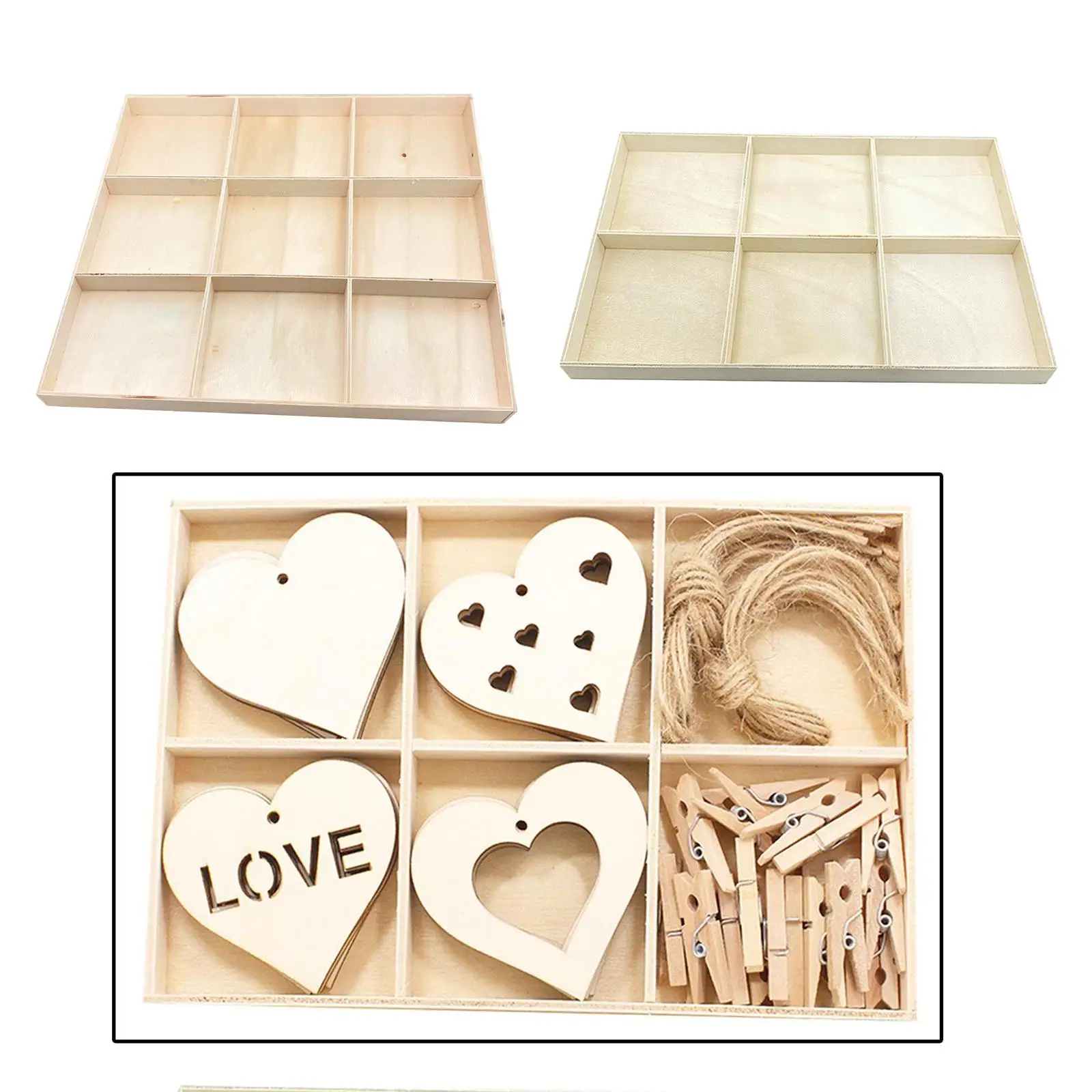 6/9 Compartments Unpainted Wood Organizer Tray, Jewelery Box, Organizer Box