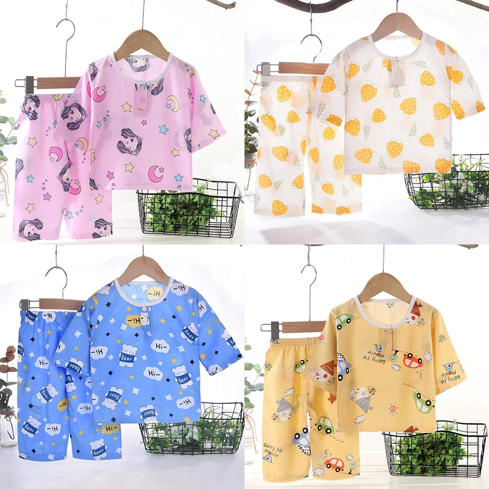 Children Summer Pajamas Baby Poplin Cotton Cartoon Bee Car Printed