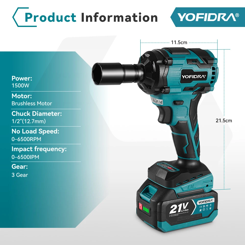 Llave de impacto eléctrica YOFIDRA de 1000 N·m, 3 velocidades, 1/2 pulgada, destornillador eléctrico inalámbrico. - Imagen 2