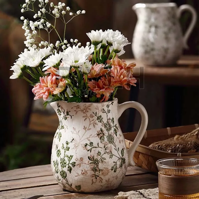 Ceramic Large Flower Pot with Handle Round Hydroponic Vase Pastoral Style Ornament For Home Decor Living Room Flower Arrangement 3