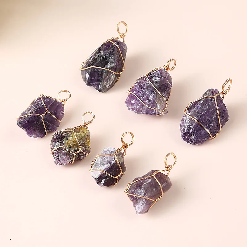 20pcs Natural Raw Stone Wire Wrap Pendants Irregular Amethyst Charms for Diy Earrings Necklace Jewelry Making