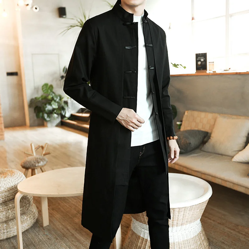 Trench Coat Men Fake two Pieces Cardigan Kimono Embroidered Long Chinese Style Black Loose Vintage Cotton Linen Jacket