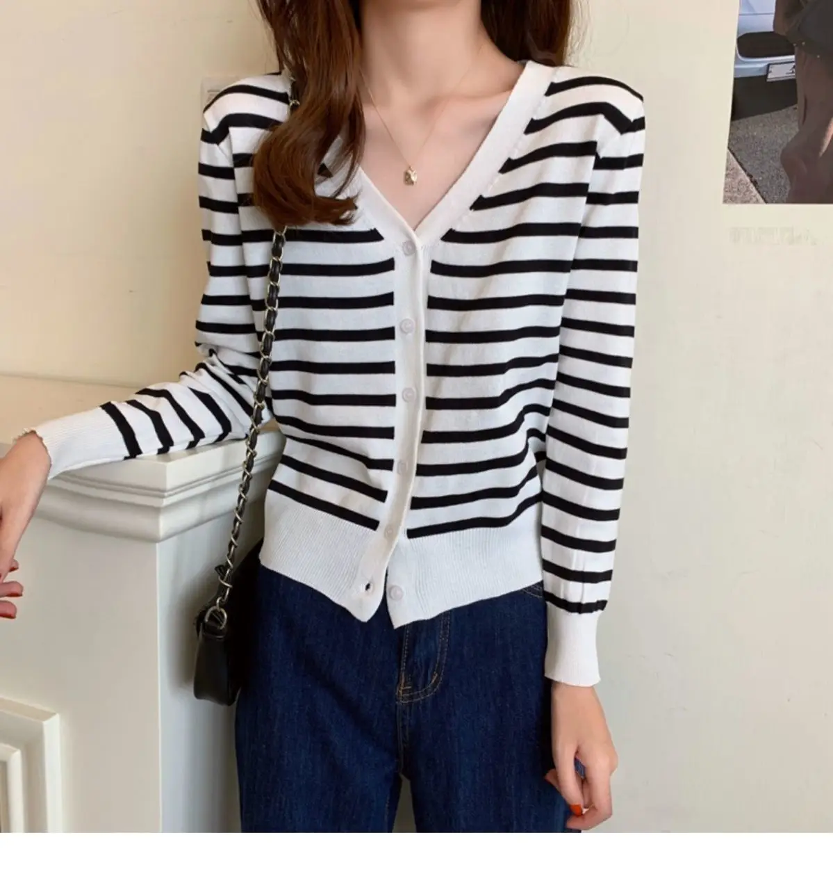 Yasuk Spring Autumn Winter Fashion Casual Zipper Women's Slim Versatile Coat Gentle Female Striped Button Down Cardigan