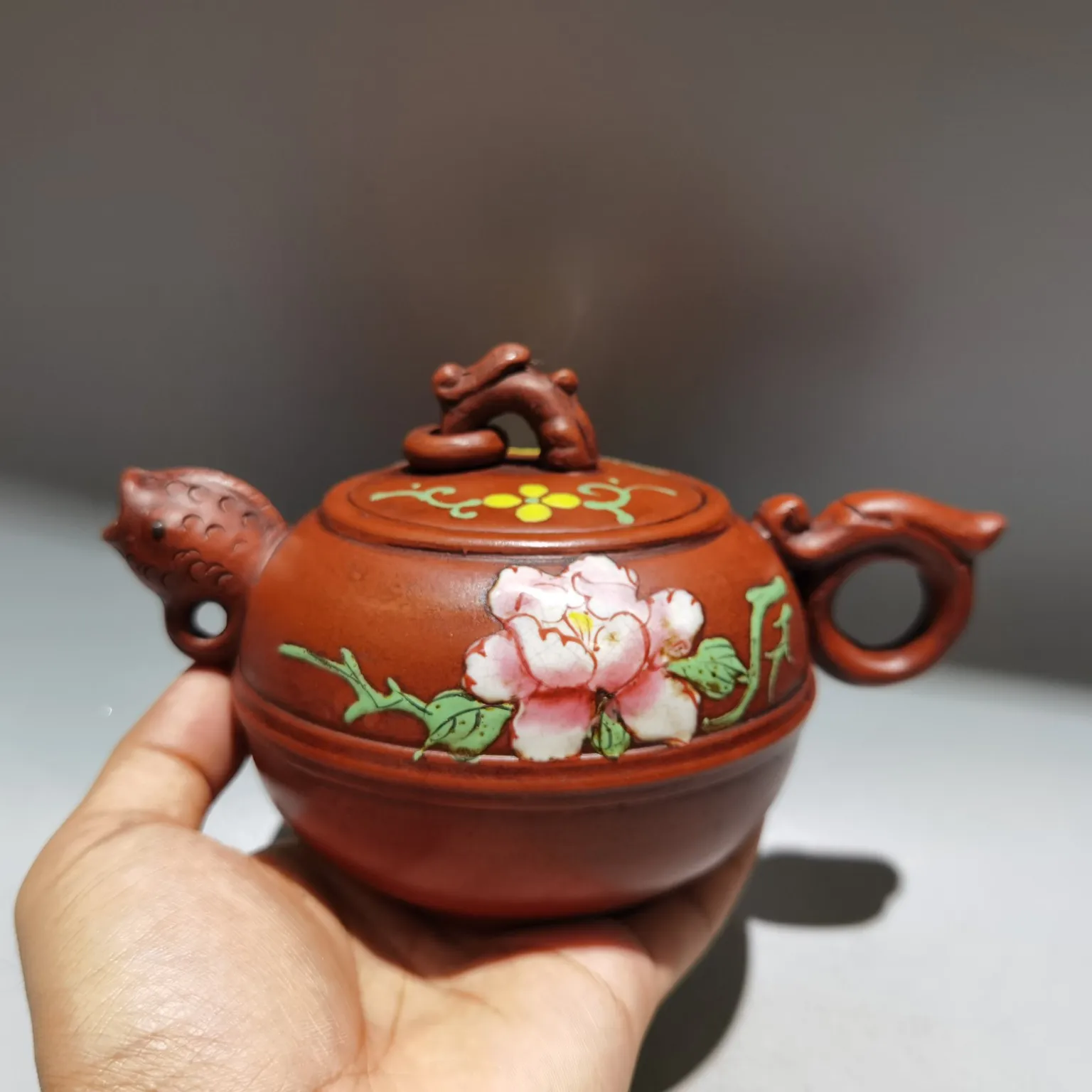 

7"Chinese Yixing Zisha Pottery Dragon head fish Peony flower Kettle Teapot Flagon Red pouch mud Gather fortune Ornaments