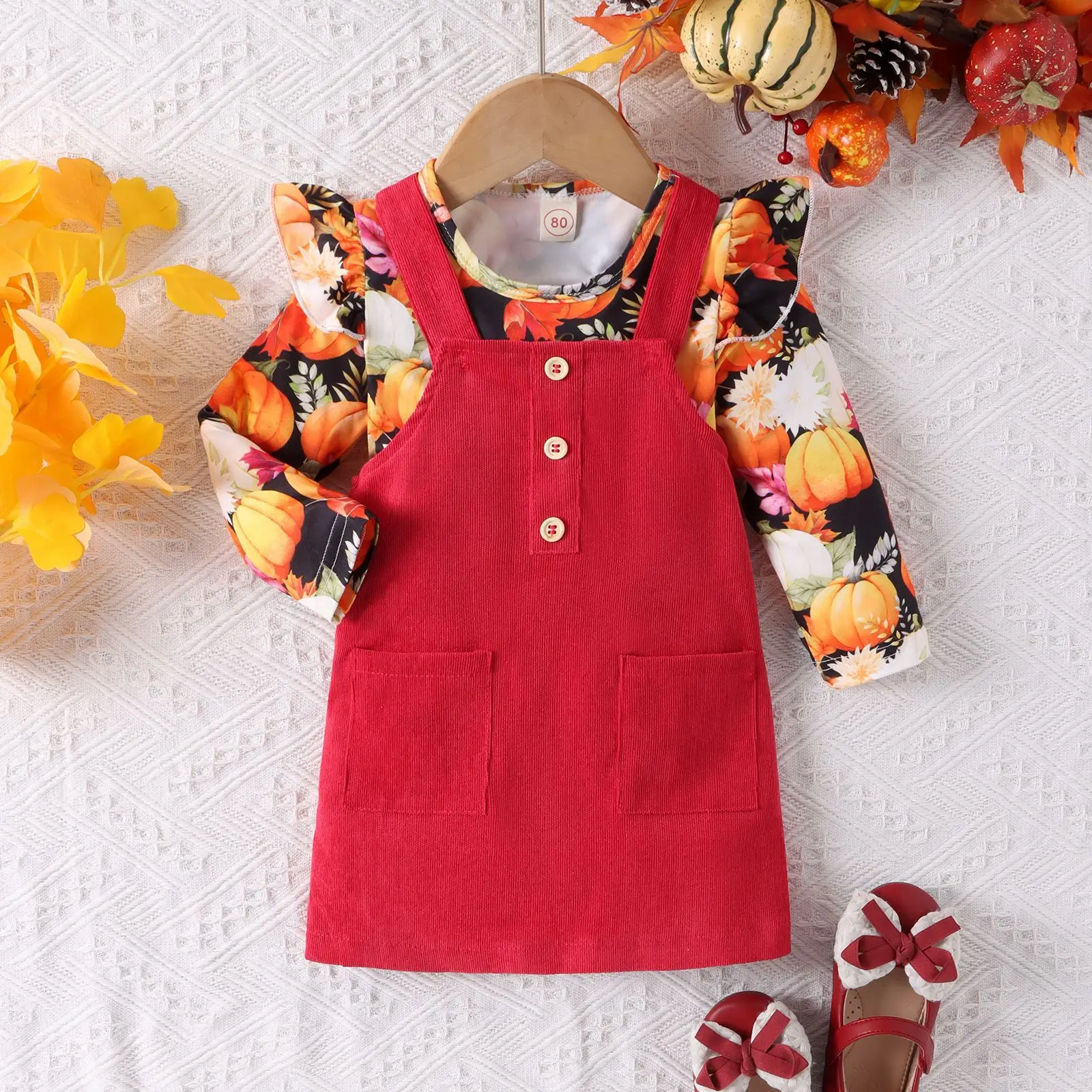 

Girl Kids Korean Children's Clothing Halloween Pumpkin Print Long Sleeve+Corduroy Strap Dress 2Pcs Sets Baby Girl Clothing 6M-5T