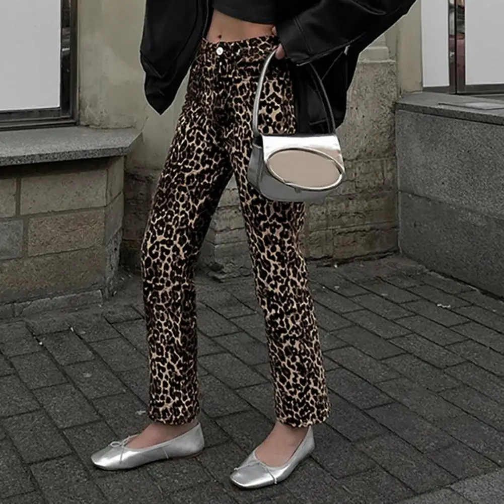 Leopard Print Long Pants Leopard Print Slim Fit Pencil Pants with Pockets for Women Stylish Mid-rise Button Zipper for Ladies women casual pants mid rise elastic drawstring waist long trousers pockets design solid color wide leg pants streetwear