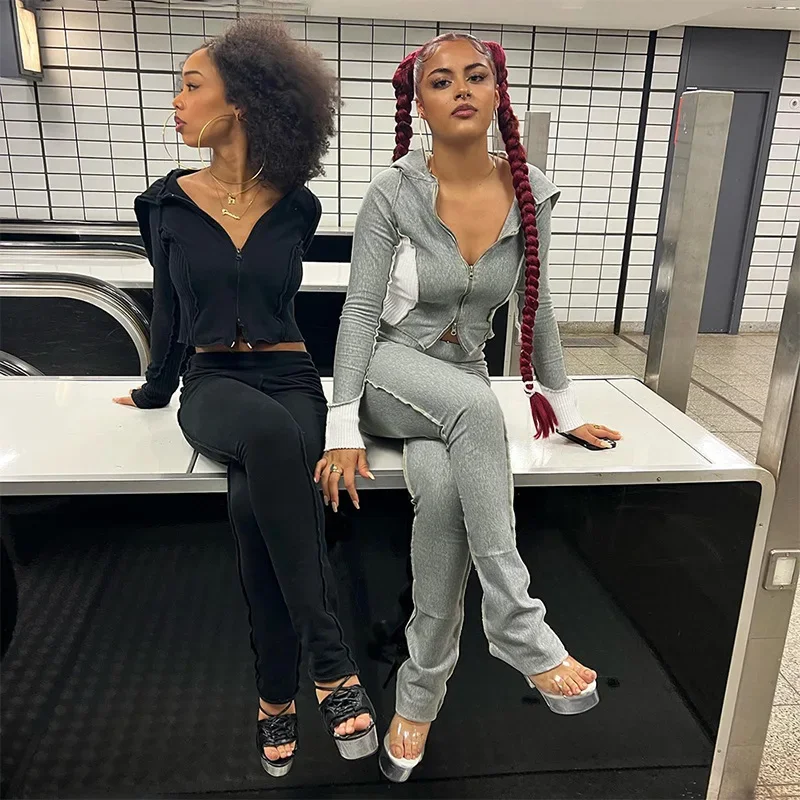 

Rib Knitted Patchwork Women Fashion Casual 2 Piece Set Long Sleeve Zipper Hooded Sweatshirts Crop Top High Waist Slim Pants Suit