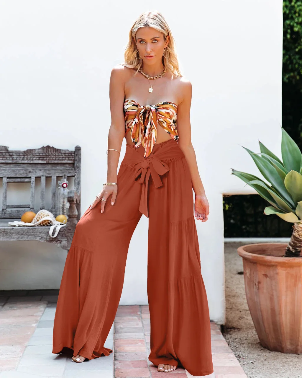 2024 Women's Slacks Fashion Temperament Lace-up Elastic Waist Pleated Wide-leg Pants Casual Pants Pantalones De Mujer