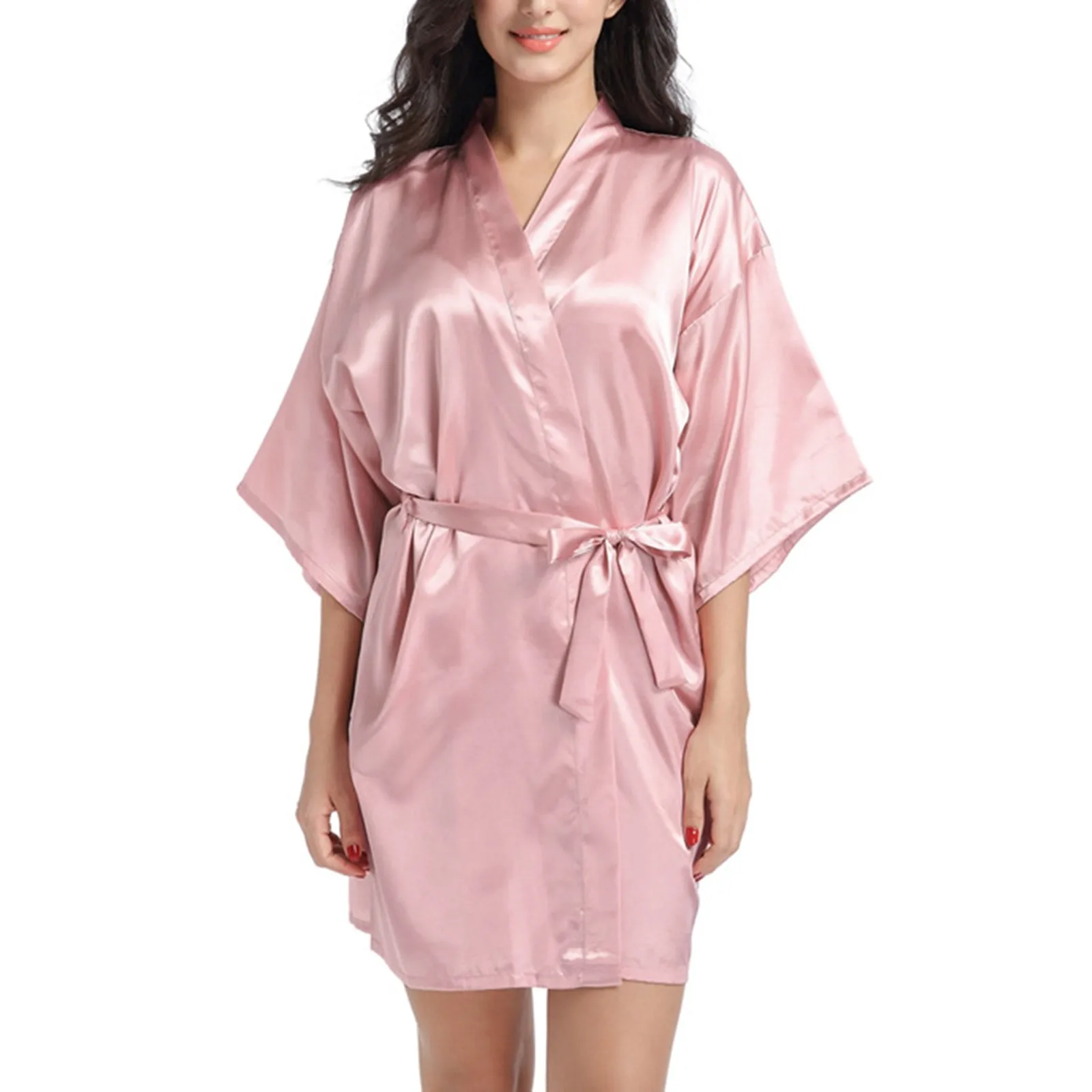 Women's Soft Long Satin Robes Sexy Silk Bathrobe Summer Full Length Kimonos With Belt Solid Color Mini Dress Sleepwear Nightgown
