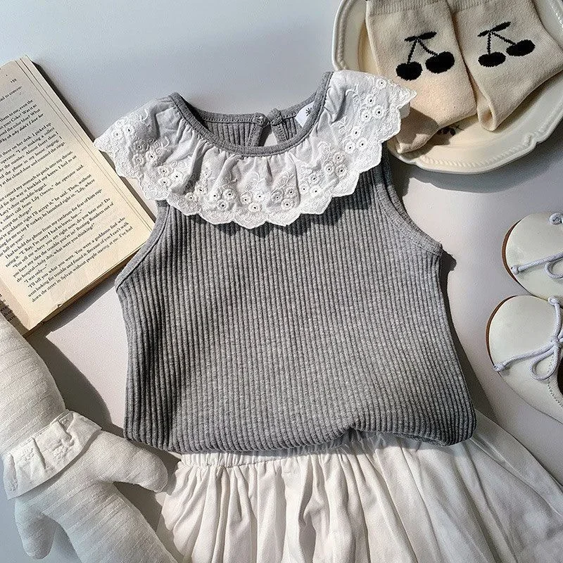 Girls Summer Lace Vest Tops Kids Sleeveless T-shirt Children Ruffled Sweet Thin Clothes Simple Versatile - 5