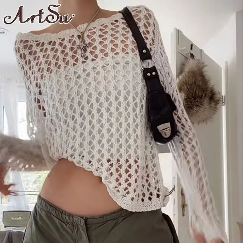 

Y2k Oversized Sweater Knitted Smock Women Tops O Neck Long Sleeve Hollow Out Fashion Streetwear 2023 Fashion New In Knitwears