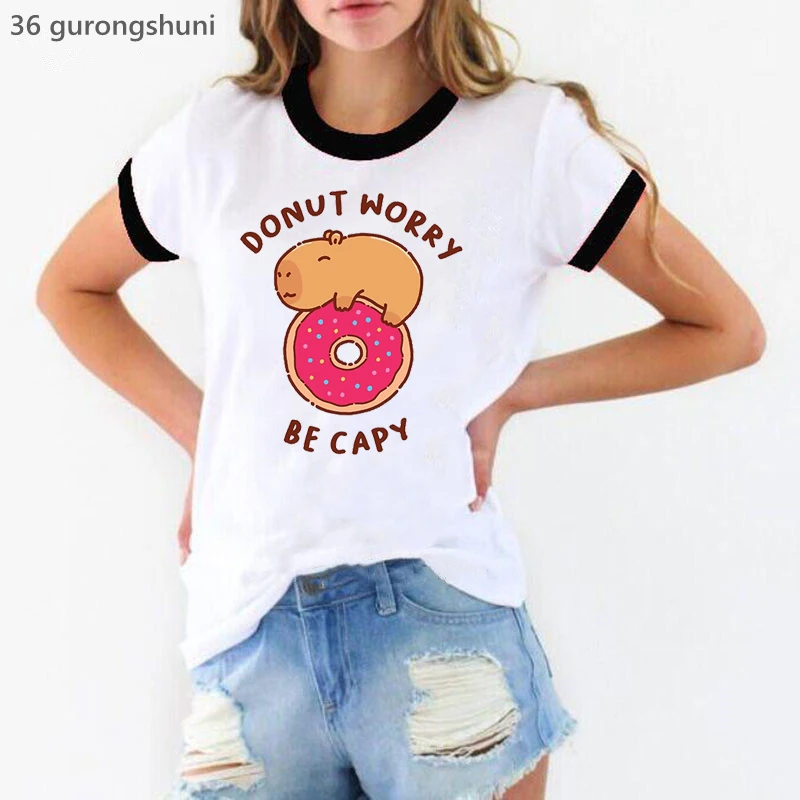 

Donut Worry Be Capy Graphic Print T Shirt Women Clothes 2023 Funny Capybara Tshirt Femme Summer Fashion Short Sleeve T-Shirt
