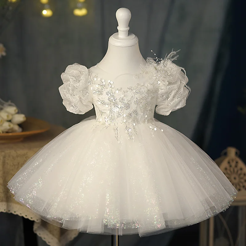 

Flower Girl Princess luxury Children Sequin white lace Bow tutu Wedding Gown Kids Dresses baby infant Birthday Party Dress