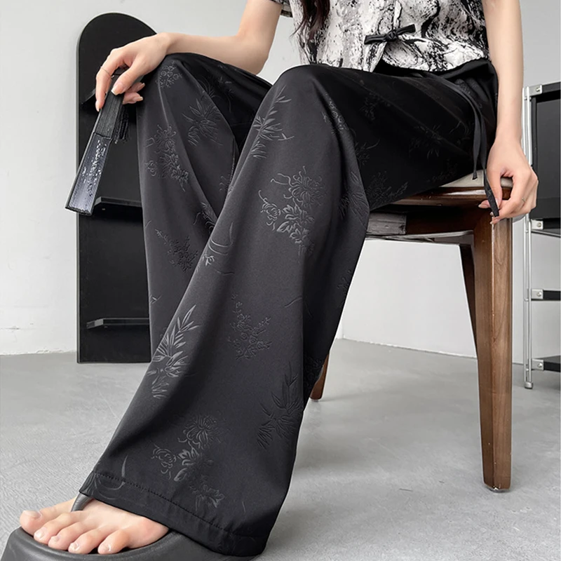 Women Elegant Summer Satin Chinese Style Straight Pants Streetwear Vintage Wide Leg Pants Casual Loose High Waist Trousers